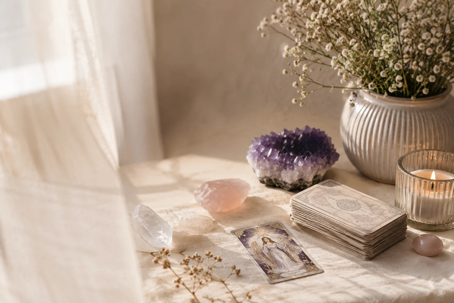 Cartas de tarot, cristales y vela en un ambiente cálido